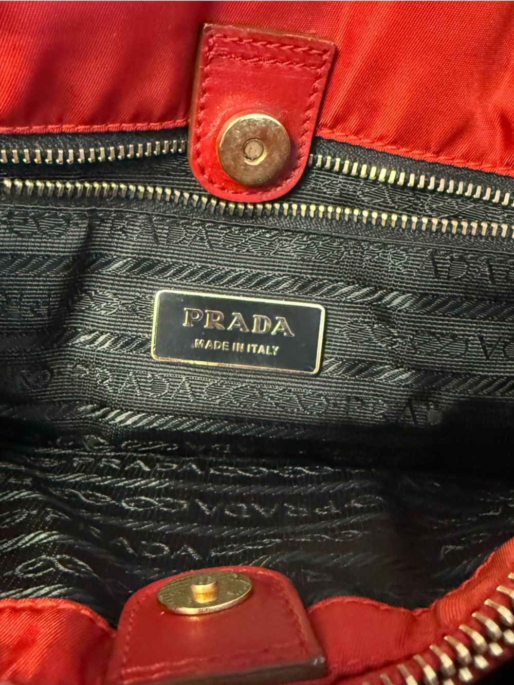 Prada Tessuto Nylon & Leather Shoulder Tote Bag Red & Gold - Picture 12 of 12